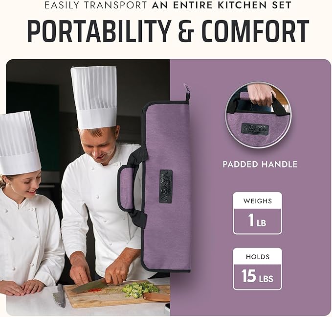 Asaya Chef Knife Roll Bag - 12 Pockets for Knives and Kitchen Utensils - Lightweight, Durable, and Stain Resistant Nylon - Perfect for the Traveling Chef - Knives not Included (Purple)