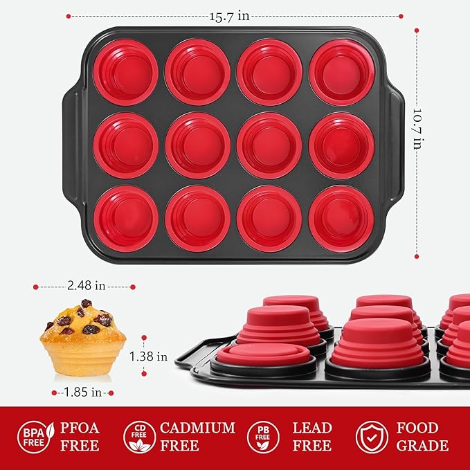 YiYeraio 12 Cups Silicone Muffin Pans for Baking with Metal Frame, Egg Bite Molds, Cupcake Pans Regular Size, Muffin Tins Easy to Pop Nonstick Non Toxic Bakeware for Oven Dishwasher Safe