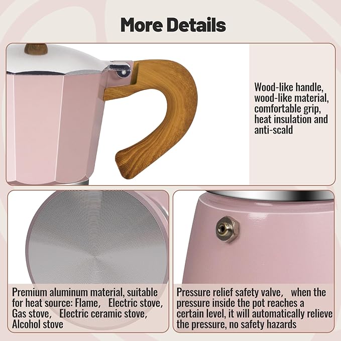 Vaolvpant 3 Cup Aluminum Moka Pot Classic Stovetop Espresso Coffee Maker 150ml 5oz Coffeemaker Percolator Mocha Pot Greca Coffee Maker Cafe Makers for Italian and Cuban Café Brewing Pink