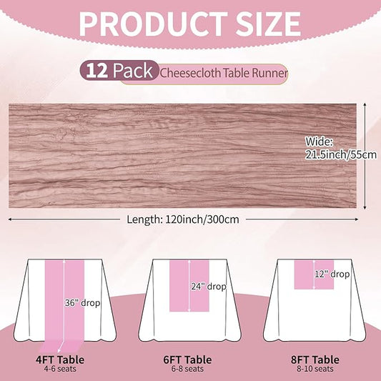 12 Pcs Dusty Pink Cheesecloth Table Runner 10Ft, Gauze Table Runners 21.5 x 120 inch,Semi Sheer Cheese Cloth Fabric Runner Bulk for Wedding,Party,Baby Shower,Bridal Shower