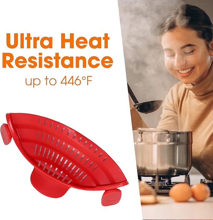Cheer Collection Silicone Clip on Pot Strainer, Heat-resistant Snap-On Strainer for Pasta, Noodles, Rice, Meats and Vegetables, Red