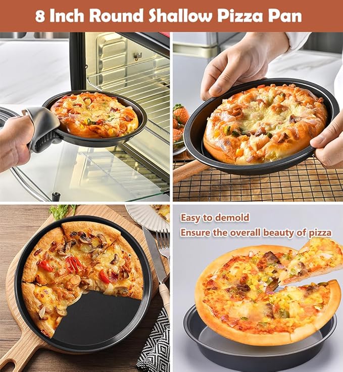 AKOAK 8" Pizza Pan, Non-Stick Pizza Pan, Round Pizza Pan for Oven, Reusable Heavy Duty Carbon Steel Pizza Pan, Black