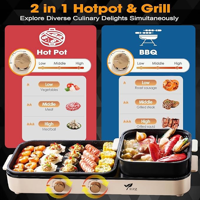 2025 Electric Hot Pot with Grill,2-10 People Indoor Hot Pot 2 in 1 Multi-function Smokeless Shabu-Shabu Hotpot Korean BBQ Grill for Simmer,Separate Dual Temperature Contral