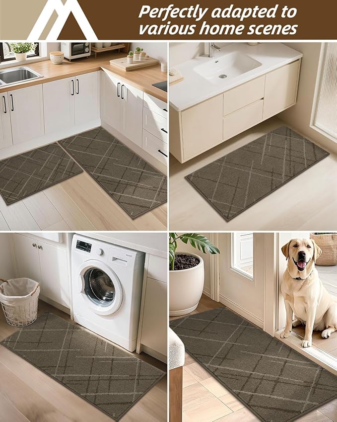 COSY HOMEER Kitchen Mats, 2 PCS Kitchen Rug Non Slip Washable, Absorbent Runner Rugs for Kitchen Floor, Polyester Kitchen Sink Rug 24"x36" + 24"x60"(Brown)