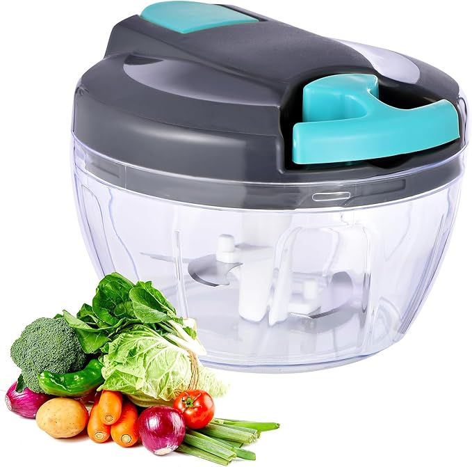 Ziweaye Manual Food Processor Vegetable Chopper, Portable Hand Pull String Garlic Mincer Onion Cutter for Veggies, Ginger, Fruits, Nuts, Herbs, etc., 500ml,（Gray-blue）