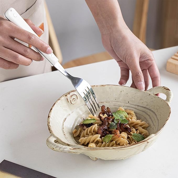 Retro Glazed Ceramic Serving Bowl with Handles Irregular Bowl Opening for Spaghetti,Fruit,Salad,Table Centerpiece Deco