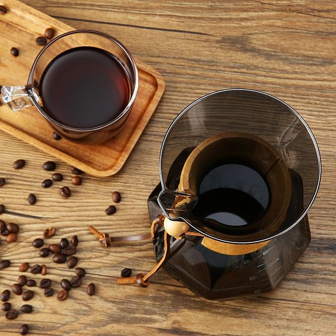 Lalord Pour Over Coffee Maker with Stainless Steel Filter, 20 oz Borosilicate Glass Coffee Carafe, Wooden Collar, Coffee Maker Carafe, Hold 3-4 Cups, 600 ml, Gray