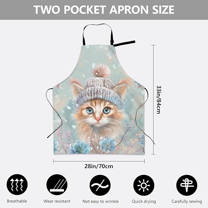 Adorable Kitten Apron, Adjustable Kitchen Cute Cat with Flowers Aprons with Pockets for Cooking BBQ Gardening, 28×33 IN, Holiday Gifts for Women Wife, for Chef Baking, Oxford Fabric