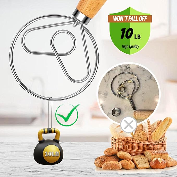 Danish Dough Whisk with Dough Hook Stainless Steel Bread Whisk Wooden Handle for Sourdough Bread Baking Dough Mixing