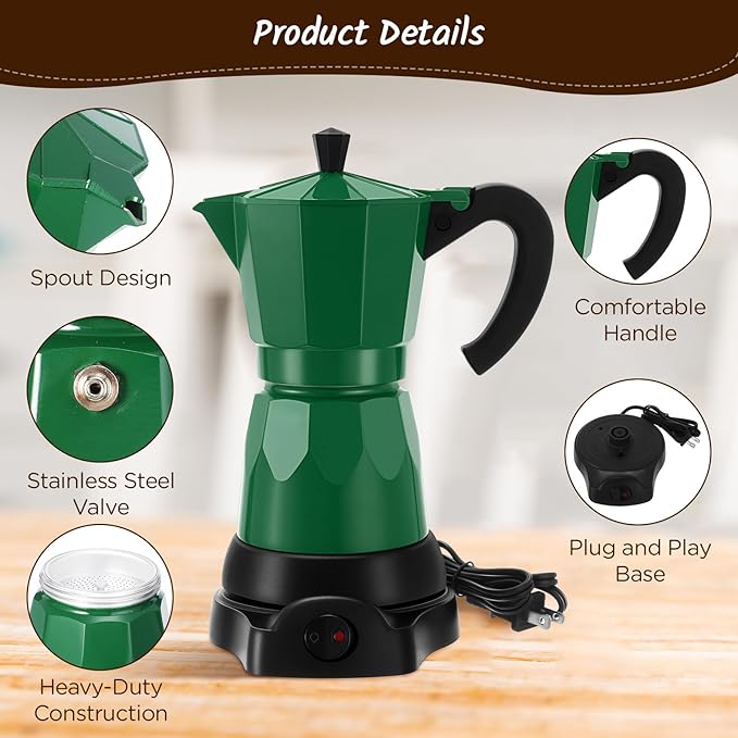 Lemosae Coffee Pot 6 Cup Electric Espresso Coffee Maker Italian Moka Maker 300ml Portable Aluminum Espresso Machine Cafetera Moka Pot with Detachable Base, Gift for Home Travel(Dark Green)