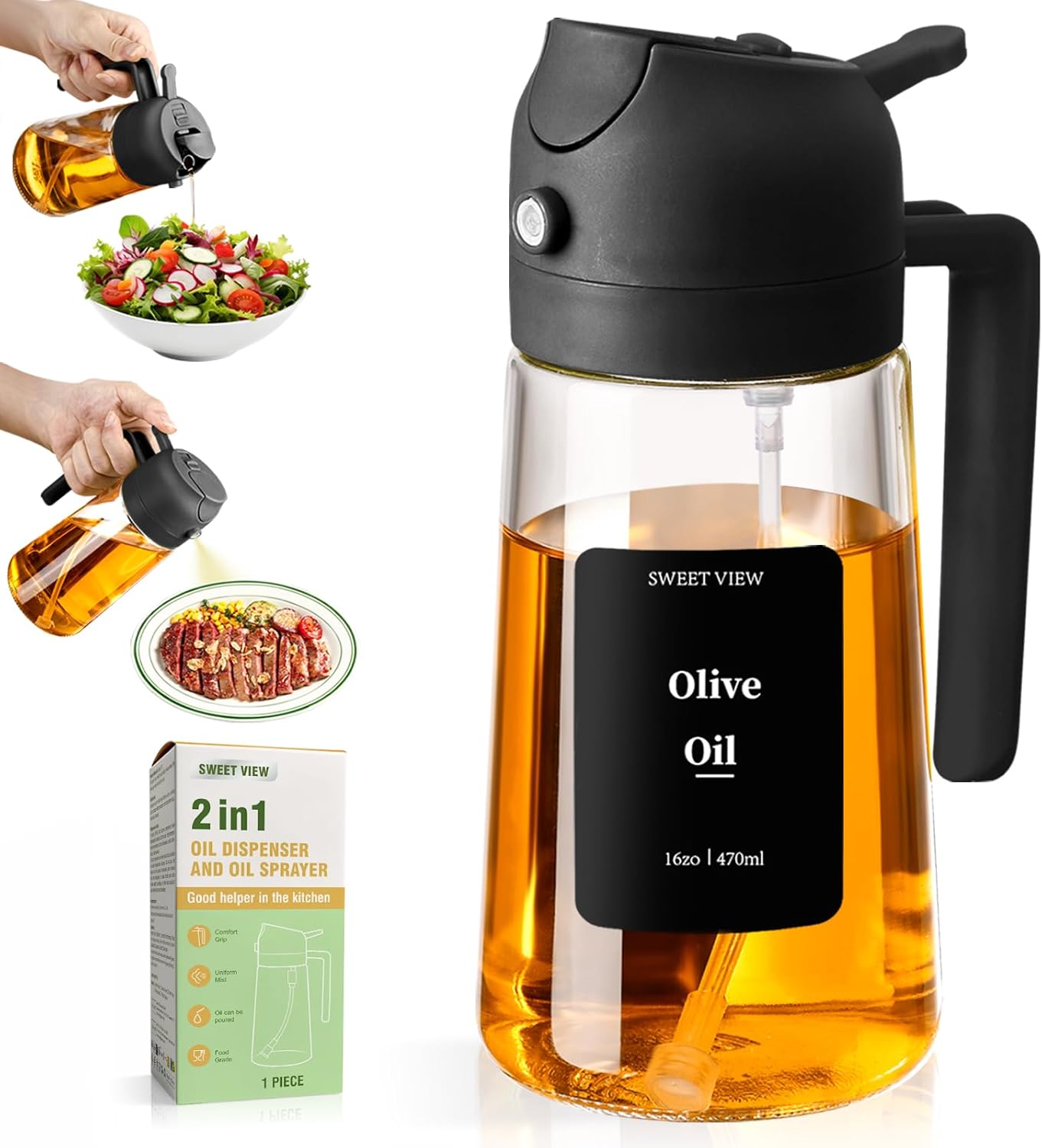 Olive Oil Sprayer for Cooking, 470ml 2 In 1 Glass Oil Dispenser/Pour Bottle, Kitchen Accessories, Kitchen Gadgets for Air Fryer, Salad, BBQ