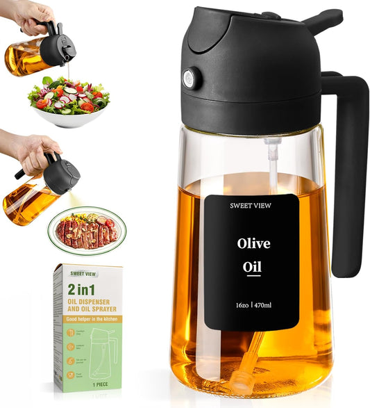 Olive Oil Sprayer for Cooking, 470ml 2 In 1 Glass Oil Dispenser/Pour Bottle, Kitchen Accessories, Kitchen Gadgets for Air Fryer, Salad, BBQ