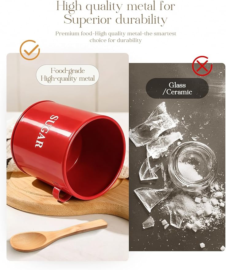 AISBUGUR Sugar Bowl with Lid and Spoon: 17oz Metal Sugar Container - Airtight Food Sugar Jar - Coffee Bar Accessories - Countertop Kitchen Decor (Red)