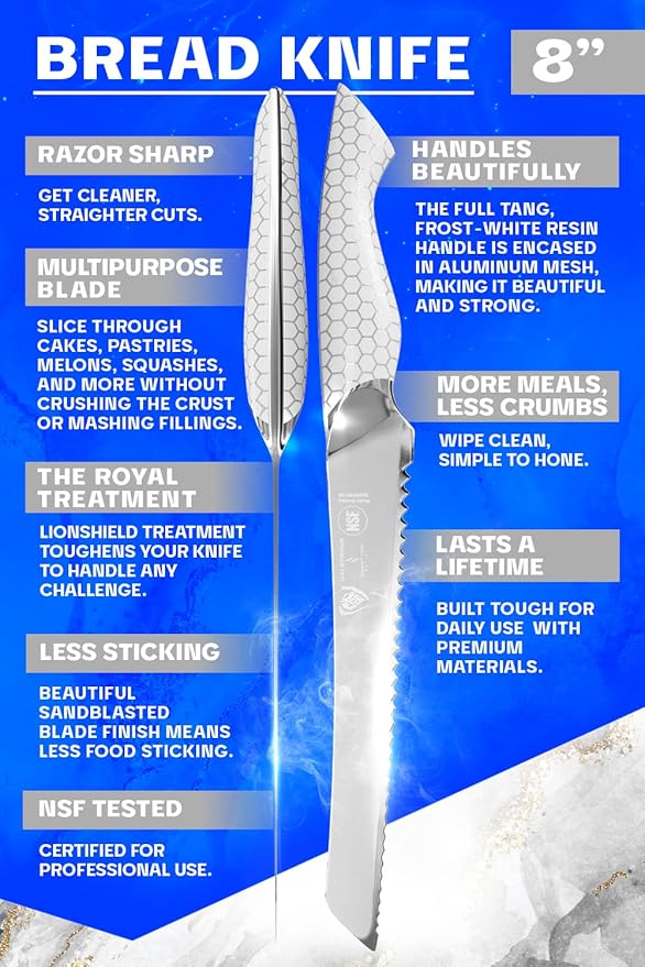 Dalstrong Serrated Bread Knife - 8 inch - Frost Fire Series - High Chromium 10CR15MOV Stainless Steel - Frosted Sandblast Finish - White Honeycomb Handle - Slicing - Leather Sheath - NSF Certified