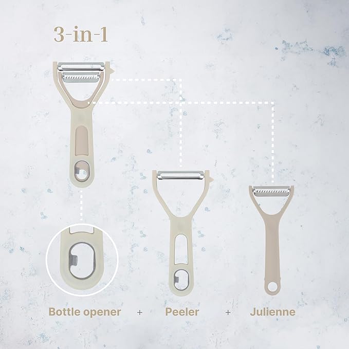 3 in 1 Vegetable Peeler – Julienne Slicer with Bottle Opener and Built-in Eye Remover – Stainless Steel Blade with Comfortable Handle – Potato, Cabbage, and Carrot Peeler for Kitchen – Beige