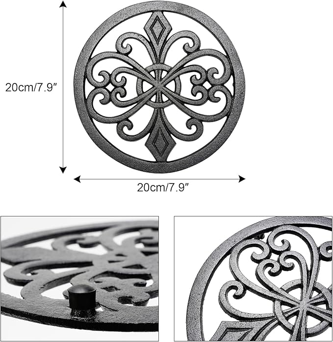 Sungmor Heavy Duty Cast Iron Trivet – 8 Inch Round Metal Hot Pot Stand, Rust-Resistant Heat Protector for Kitchen, Dining Table & Countertop, Black Vintage Decorative Hot Plate Pad