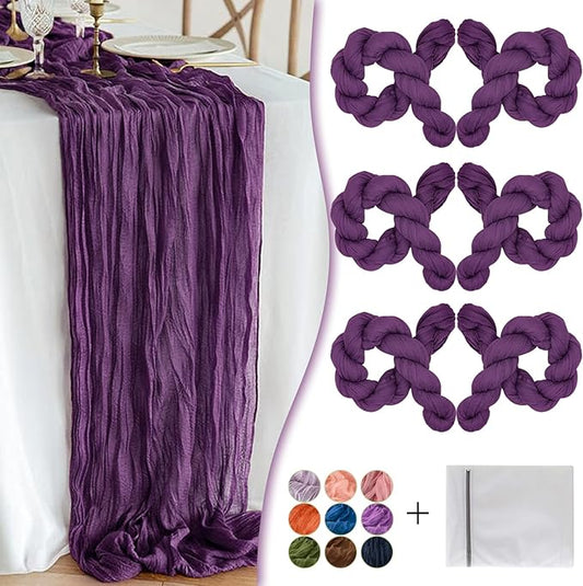Plum Purple Cheesecloth Table Runner 6 Pack 35" Boho Gauze Runner 120 inches Long Rustic Sheer Fabric Bulk for Baby Shower Wedding Bridal Birthday Party Table Decorations