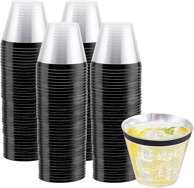 WELLIFE 120 PCS Black Plastic Cups,Disposable Cocktail Glasses,Plastic Wine Glasses Disposable,9 oz Clear Cups for Party