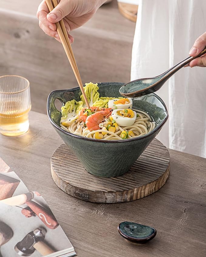 UNICASA Japanese Ramen Bowl Set with Chopsticks, Spoons and Rests, 26oz Deep Porcelain Noodle Bowl Set of 2 for Udon, Pho, Salad, Soup (Teal Green)