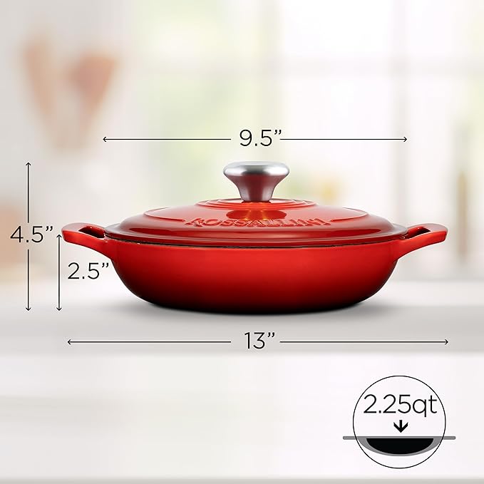 ROSSALLINI Signature Enameled Cast Iron Braiser, Non-Stick Serving Pot with Tight Fitting Lid for Perfect Roasting, Baking, Sauteing, Searing, and Pan Frying | 2.25Q (2.1L) - Red