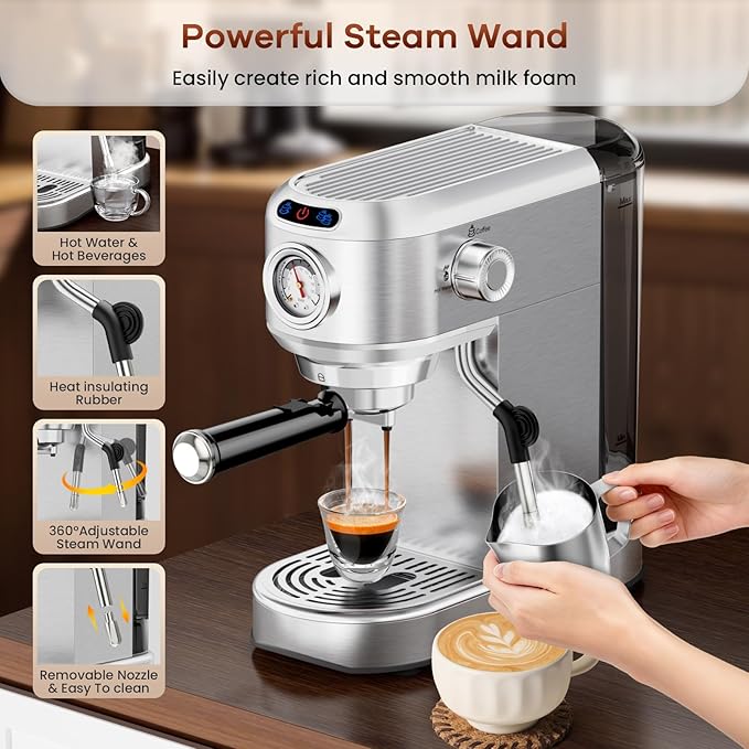 ANYCOLD Espresso Machine, 20 Bar Compact Espresso Maker with Steam Milk Frother, Stainless Steel Expresso Machines for Home, 34oz Removable Water Tank for Latte, Cappuccino, Silver