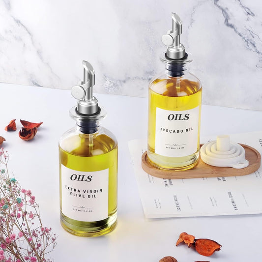 Olive Oil Dispenser for Kitchen, 11.8oz/350ml Glass Oil Bottles with Bamboo Tray and Labels, Oil&Soy sauce Cruet Set, Kitchen Dispenser Bottles with Pourer | Set of 2 (Silvery, 11.8, ounces)