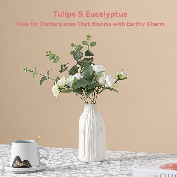 White Matte Ceramic Flower Vase - Woodgrain Sculptural with Vertical Texture, 7.2" Unique Vase for Pampas Grass/Centerpieces, Decorative Farmhouse Vase for Living Room/Office,Ideal Gift for Minimalist