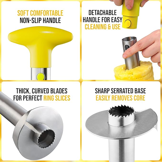Zulay Kitchen Stainless Steel Pineapple Corer & Slicer + Eye Removal Tool – Heavy Duty Pineapple Cutter with Reinforced Blade – Effortless Pineapple Core Remover & Slicer - Yellow
