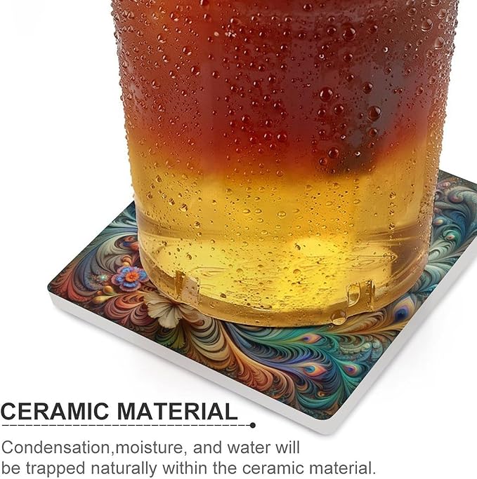 Peacock Drink Coasters, Square Ceramic Drink Coaster Square-6PCS, Beautiful Colorful Floral Peacock Art Pattren Decor Absorbent Ceramic Coasters for Beverage Cup, Bar, Coffee Table