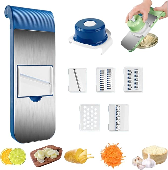 Multifunctional Vegetable Cutter, 6-in-1 Chopper Vegetable Cutter, Stainless Steel Multifunctional Vegetable Cutters & Slicer with 5 Detachable Blades, Mandoline Slicer for Kitchen (5 styles blue)