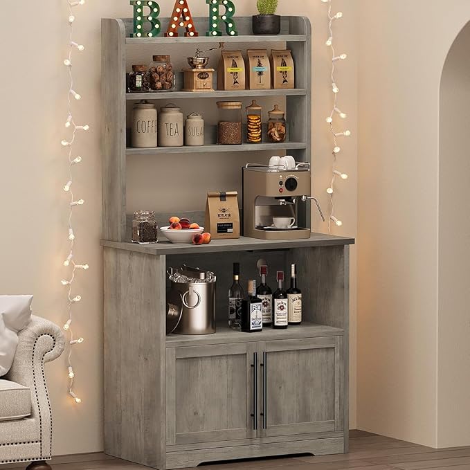 GAOMON Farmhouse Bakers Rack with Storage Cabinet and Charging Station, Kitchen Hutch with Thickened Tabletop, Power Outlets & USB Ports, Pantry Organizer Shelf for Kitchen and Dining Room, Gray