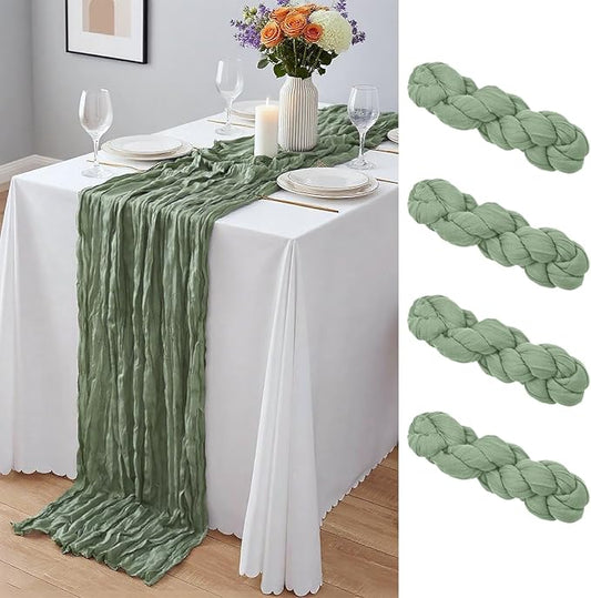 4 Pack Sage Green Cheesecloth Table Runner 10Ft, Gauze Table Runners 21.5 x 120 inch,Semi Sheer Cheese Cloth Fabric Runner Bulk for Wedding,Party,Baby Shower,Bridal Shower