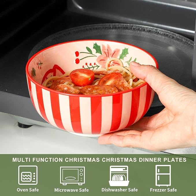 Tikooere Ceramic Soup Bowls Set of 6,30 Ounce Stoneware Cereal Bowl,Porcelain Nesting Bowls for Oatmeal,Popcorn,Soup,Pasta,Fruit,Christmas Gift,Microwave & Dishwasher Safe,Christmas Bow