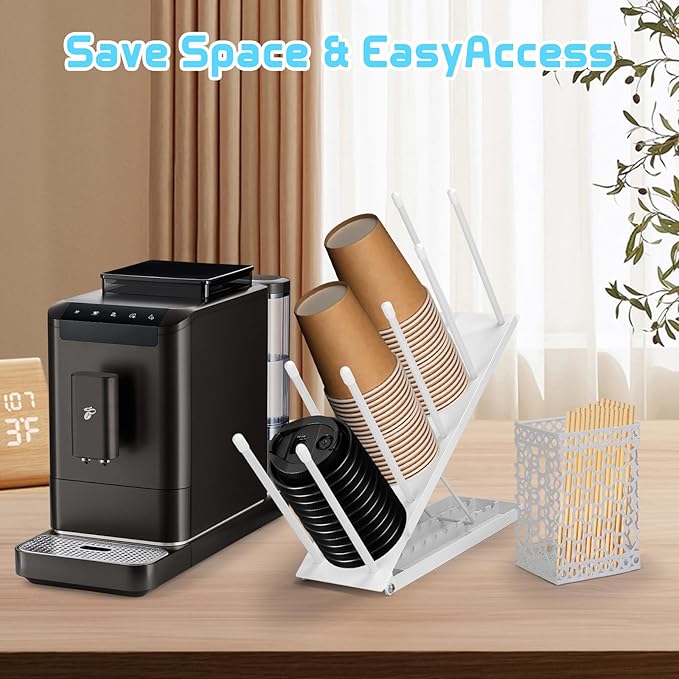 Coffee Cup Holder, Adjustable Cup Dispenser Lid Organizer Rack, 4 Compartment Disposable Paper Plastic Cup and Lid Dispenser with Straw Storage Basket for Coffee Bar Station Breakroom Countertop White