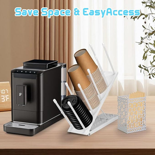 Coffee Cup Holder, Adjustable Cup Dispenser Lid Organizer Rack, 4 Compartment Disposable Paper Plastic Cup and Lid Dispenser with Straw Storage Basket for Coffee Bar Station Breakroom Countertop White