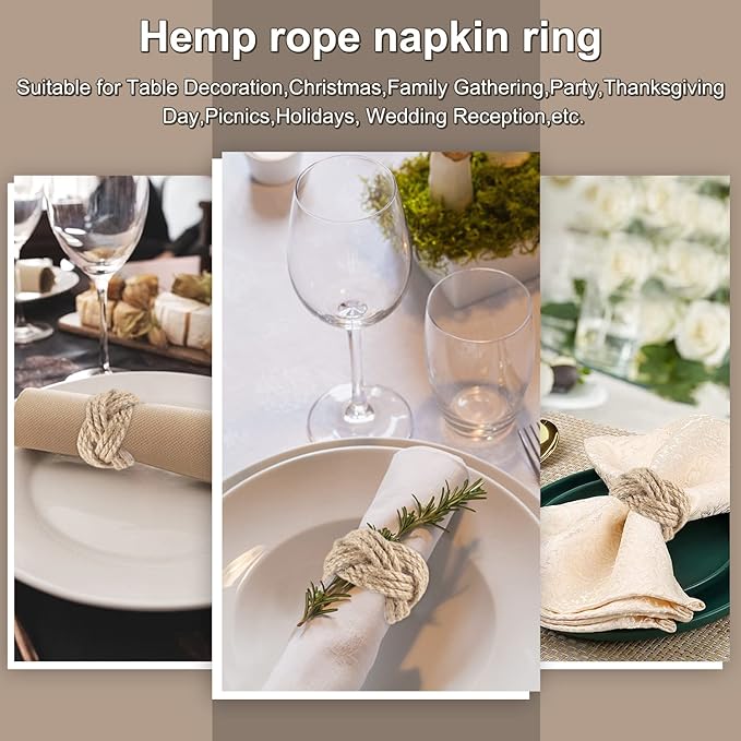Natural Burlap Napkin Rings Set of 6 - Woven Rustic Napkin Rings for Farmhouse Dining Table Decor