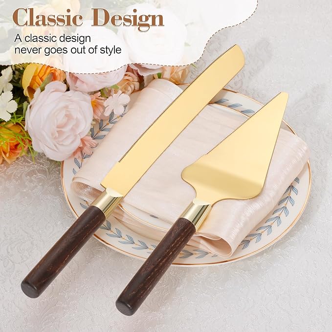 TUKDAK Gold Cake Cutting Set for Wedding, Wood Cake Knife and Server Set, Vintage 2-Piece Pie Cutter Set, Serrated Pizza Dessert Utensils, Bridal Birthday Quinceañera Gift (Walnut color)