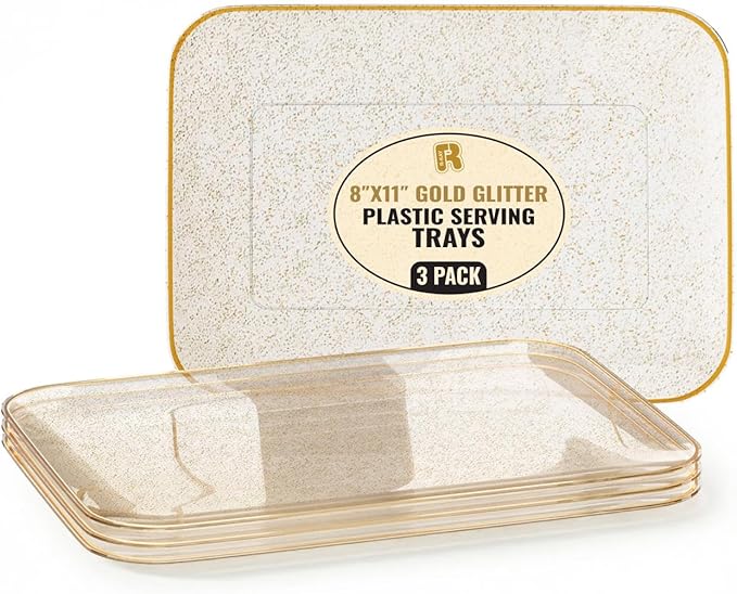3 Pack Gold Glitter Plastic Serving Trays for Party - Gold Glittered Serving Tray 8 x 11 Inch - Heavy Duty Dessert Trays for Food - Rectangular Party Serving Trays for Entertaining
