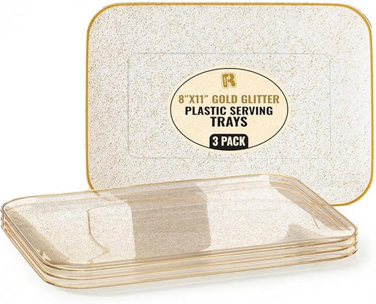 3 Pack Gold Glitter Plastic Serving Trays for Party - Gold Glittered Serving Tray 8 x 11 Inch - Heavy Duty Dessert Trays for Food - Rectangular Party Serving Trays for Entertaining