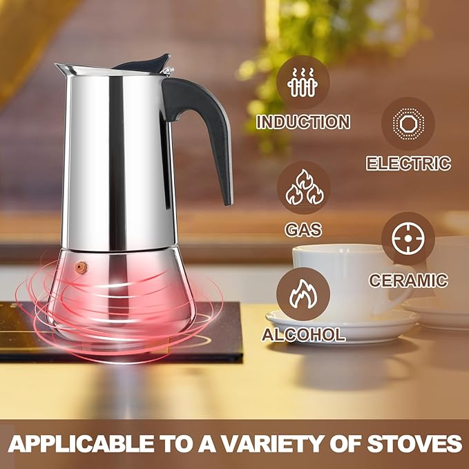 DITOSH 6 Cup Stovetop Espresso Maker Stainless Steel Moka Pot Stove Top Percolator Italian Coffee Makers Capable Mocha Greca Machine Cafe Classic Induction Cookers for Home and Camping 300ml 10oz