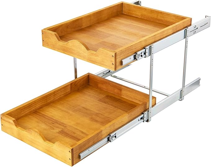 DINDON 2 Tier Pull Out Cabinet Organizer (14" W x 21" D) Double Tier Slide Out Wood Drawer Under Cabinet Storage And Organization