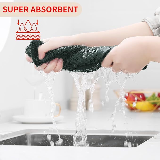 Kitinjoy 100% Cotton Waffle Weave Kitchen Towels, 8-Pack Super Soft and Absorbent Dish Towels for Drying Dishes, Kitchen Hand Towels, 13 in x 28 in, Blackish Green