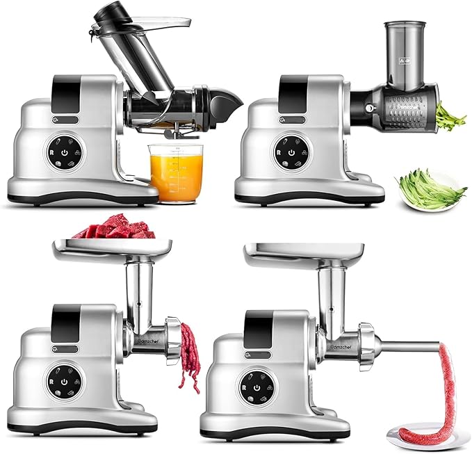 5-in-1 Masticating Slow Juicer Machine, 3" Wide Feed Chute, High Juice Yield, Easy to Clean, Includes Meat Grinder/Sausage Maker/Vegetable Slicer, Silver/Black