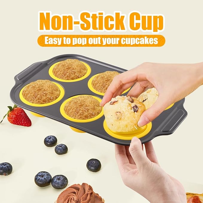 YiYeraio 6 Cups Silicone Muffin Pans for Baking with Metal Frame, Egg Bite Molds, Cupcake Pans Regular Size, Muffin Tins Easy to Pop Nonstick Non Toxic Bakeware for Oven Dishwasher Safe