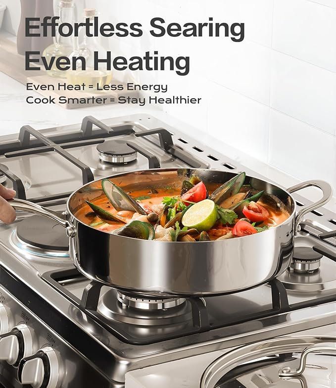 USELUCK 12 Inch Stainless Steel Frying Pan with Lid, Tri-ply Stainless Steel Saute Pan 5.5 QT, PFOA & PTFE Free Induction Compatible Cooking Skillet, Dishwasher & Oven Safe Large Capacity Cookware