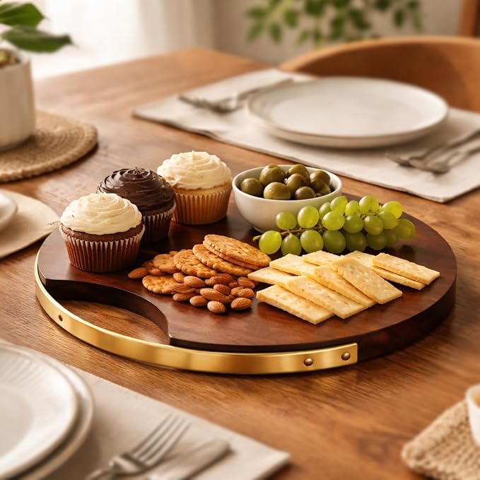 nestroots Round Charcuterie Board | 14" Teak Wood Serving Tray with Handles Decorative Tea, Coffee, Dessert, Pizza | Large Wooden Cheese Boards Serving Platter for Valentine Day Party Supplies