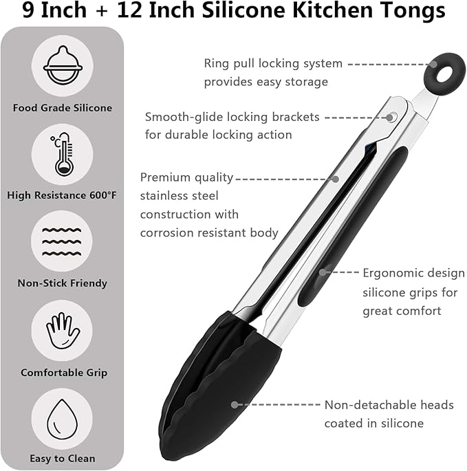Kitchen Tongs for Cooking with Non-Stick Silicone Tips, 600°F Heat Resistant Silicone Cooking Food Tong Set Heavy Duty Stainless Steel Handle for Baking Grilling BBQ Salad Serving, 9" and 12"