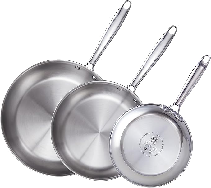 Cook N Home Stainless Steel Frying Pan Set, 8-inch, 10-inch, 12-inch Fry Pan, Tri-Ply Clad 18/10 Stainless Steel Skillet Sauté Cooking Pan, Induction Cookware, 3-Piece