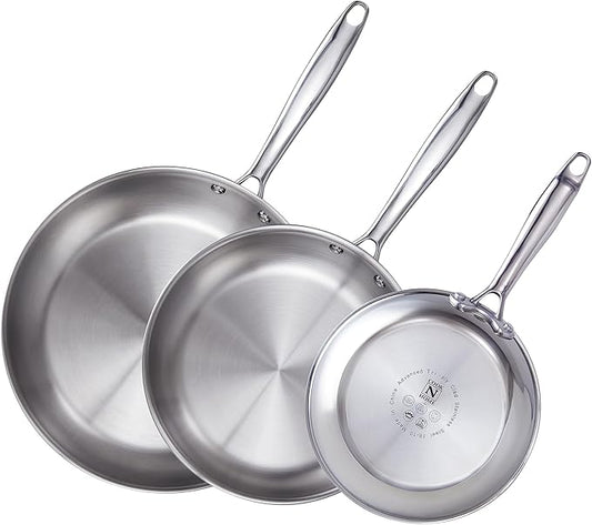 Cook N Home Stainless Steel Frying Pan Set, 8-inch, 10-inch, 12-inch Fry Pan, Tri-Ply Clad 18/10 Stainless Steel Skillet Sauté Cooking Pan, Induction Cookware, 3-Piece