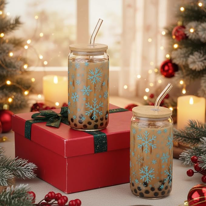 Sliner 2 Pcs Snowflake Glass Cups Christmas Tumbler with Lid Straw Winter Drinking Glasses 16 oz Iced Coffee Cup with Cleaning Brush Beer Can Tumbler Cute Holiday Gifts for Home Office Decorations